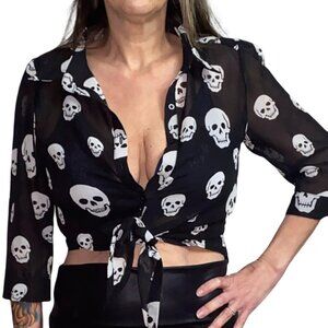 Sz.L*Zenana Styles*Black/White Semi-Sheer "Skull-Print" Blouse